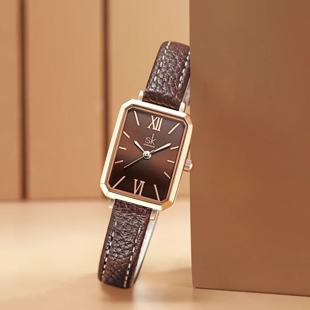 Ladies Minimalist Leather Strap Rectangular Watch