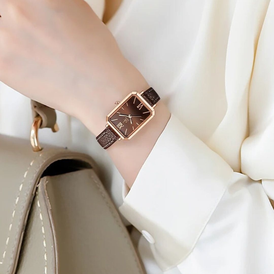 Ladies Minimalist Leather Strap Rectangular Watch