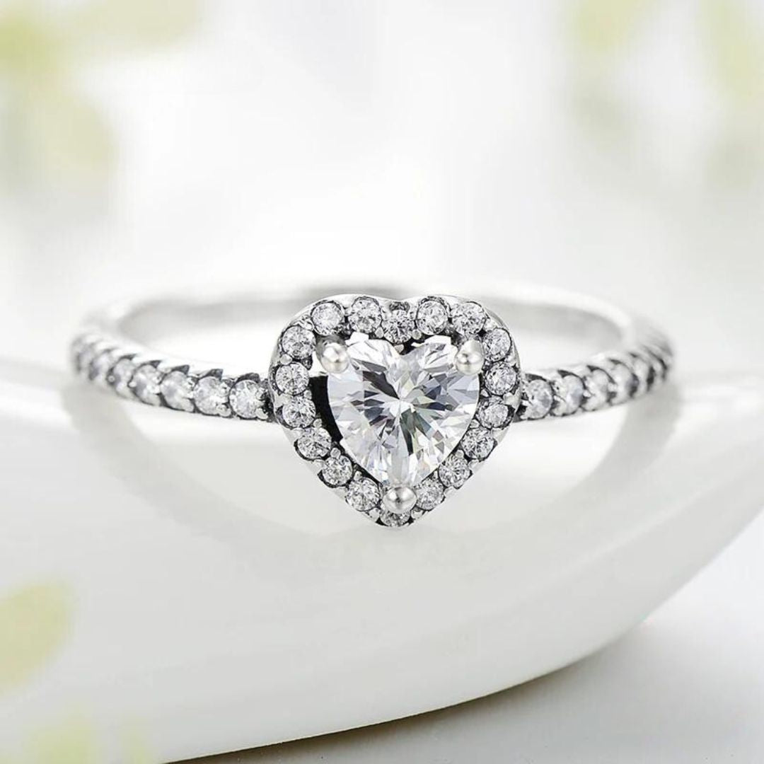 Sparkling Heart Halo Silver Ring